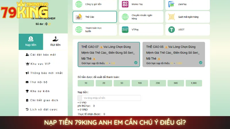 Nạp tiền 79King anh em cần chú ý điều gì?